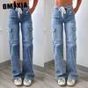 Straight Leg Jeans Women's Casual Lace-up Multi-bag Functional Overalls