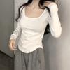 Square Collar Top, Women's White Base Shirt, with Fashionable Spring and Autumn/winter Low Collar Long Sleeves Underneath