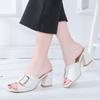 Summer High-heeled Slippers Women's Shoes Casual Belt Buckle Thick Heeled Ladies Sandals Solid Color Peep Toe Pantuflas Mujer