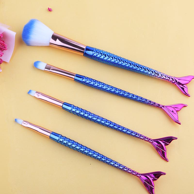 Mermaid 4-Piece Makeup Brush Set with Soft Electroplated Nylon Bristles in a PVC Bag