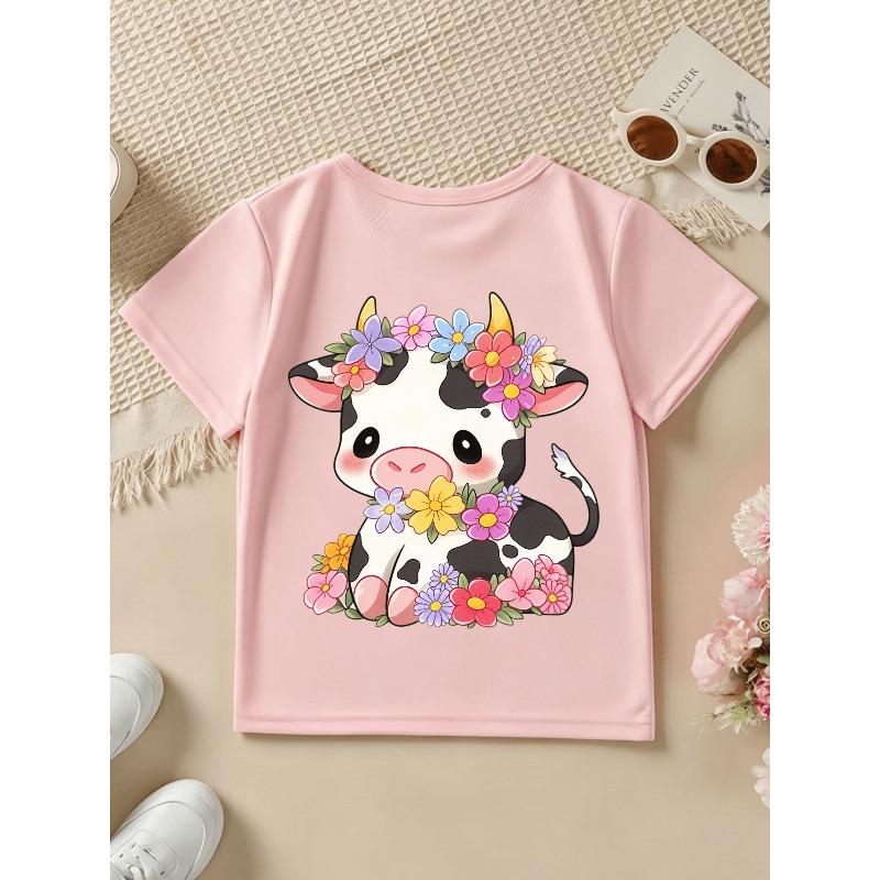 Girls Crewneck Short Sleeve Tee, Cute Cartoon Cow With Floral Headband Print