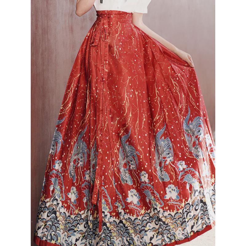 6521 Authentic Chinese Hanfu Embroidered Short-Sleeve Top & Starry Sky Satin Skirt Set