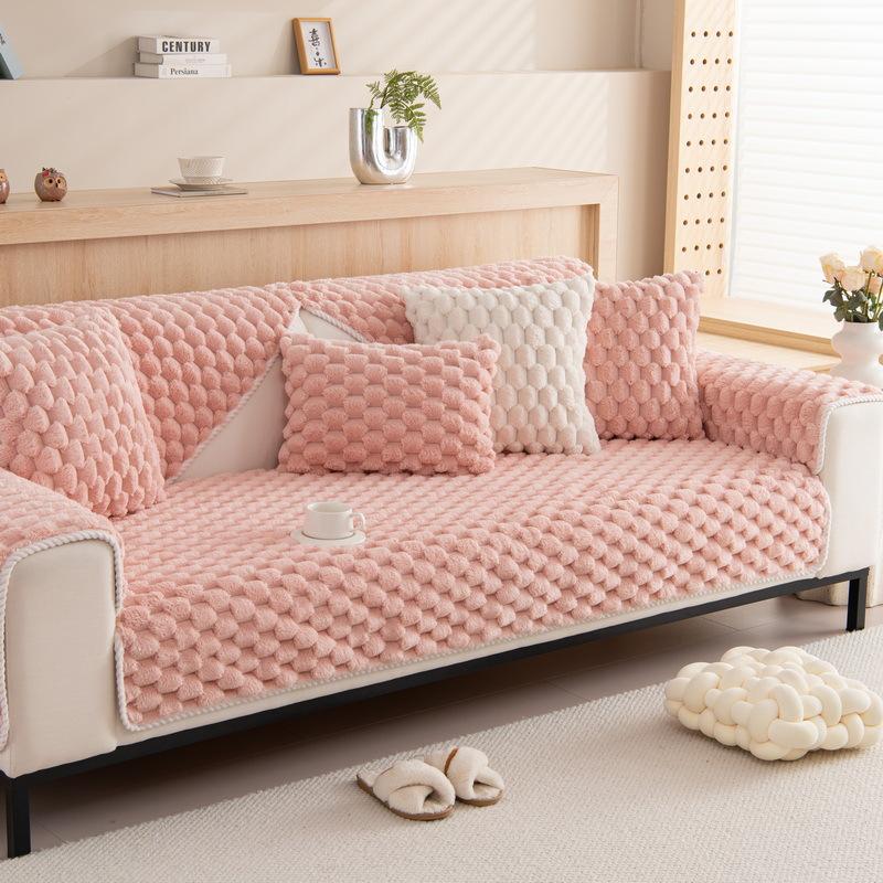 Warm Tuffed Fleece Curving Lines Jacquard Sofa Cover with Anti-Slip Backing for Living Room Couch Slipcovers Fall/Winter Decor