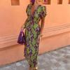 Элегантное облегающее женское длинное платье с V-образным вырезом, контрастной расцветкой, принтом и коротким рукавом, весенняя мода