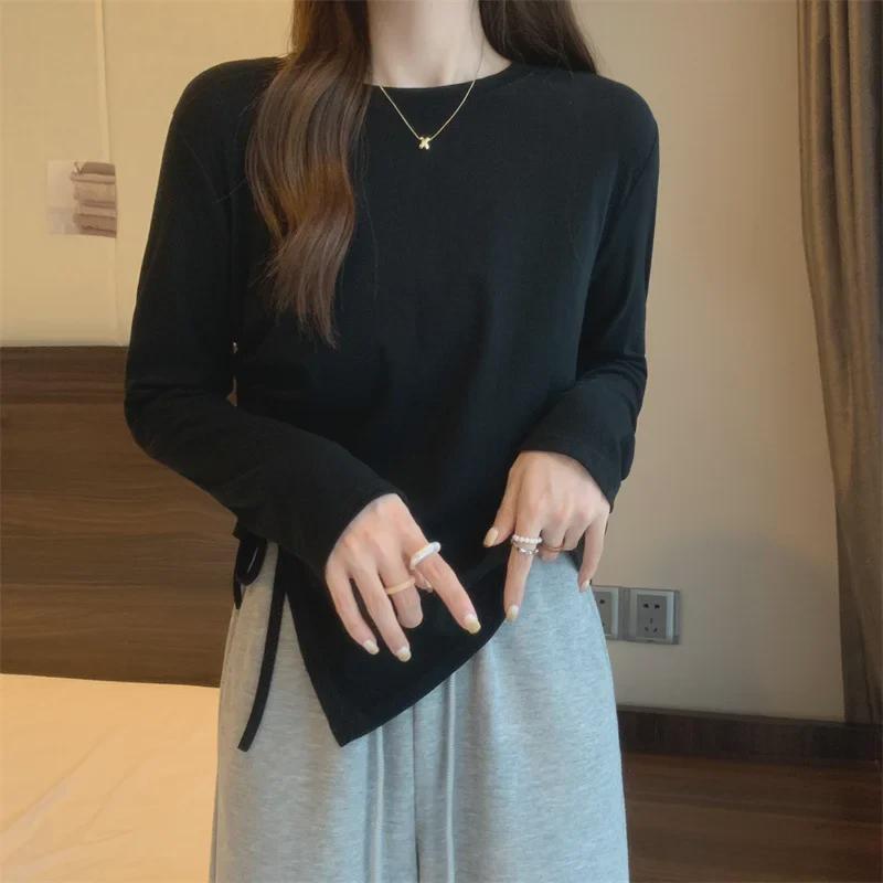 Корейская весна 2025 женская универсальная футболка с длинным рукавом и завязками, нестандартный дизайн, облегающий крой