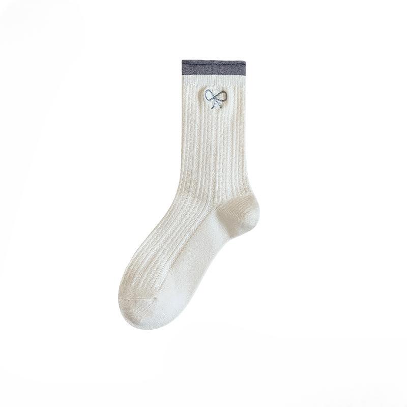 Женские осенне-зимние вышитые носки-гольфы с бантиком и закрученным краем, сочетающихся цветов, дышащие, впитывающие пот