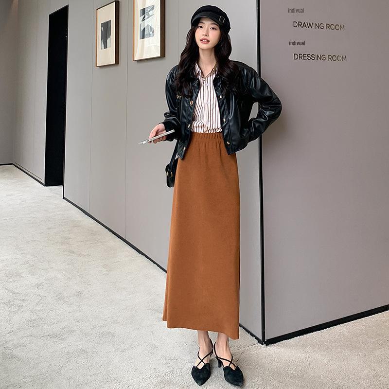 Maillard High Waist Wool Skirt for Women - Plus Size Autumn/Winter Slimming, High-End Design, Long Slit.