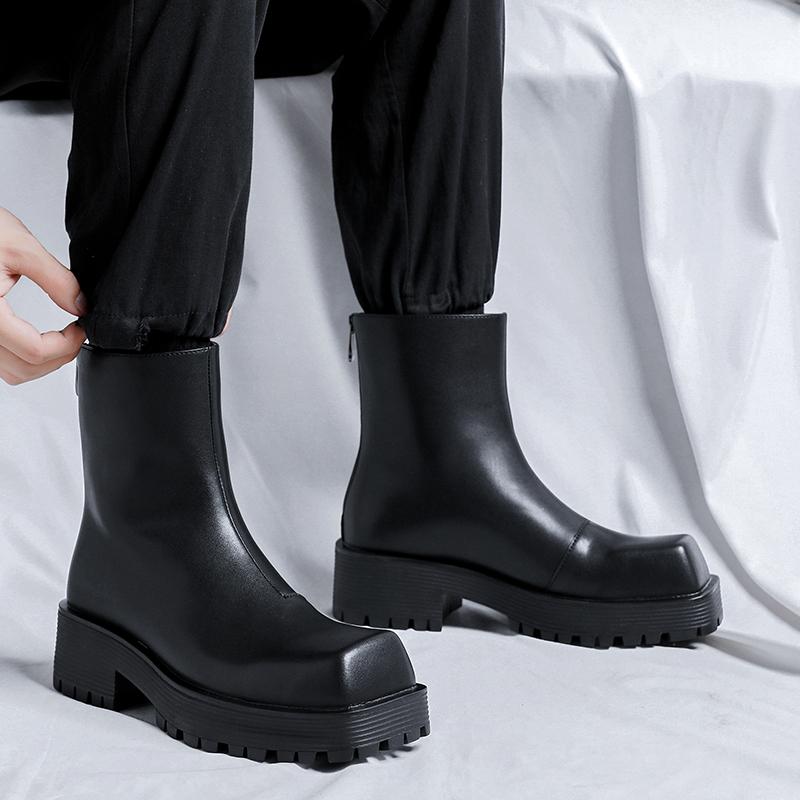 Модные бренды, мужские кожаные туфли с квадратным носком, толстая подошва, водонепроницаемые термообувь, туфли на платформе, черная рабочая обувь