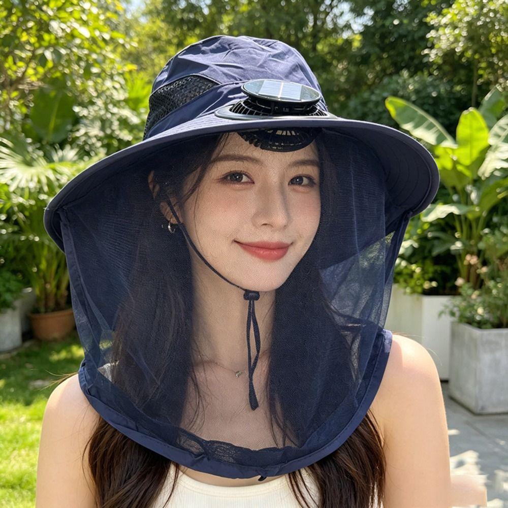 Convenient With Net Mesh Mosquito Head Net Hat Foldable Breathable Solar Fan Hat Cooling Quick-Drying Fishing Bucket Hat Hiking