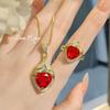 European Retro Women Jewelry Set Fat Red Diamond Earrings Paraiba Lake Green Ring Color Gem Pendant Full Diamond