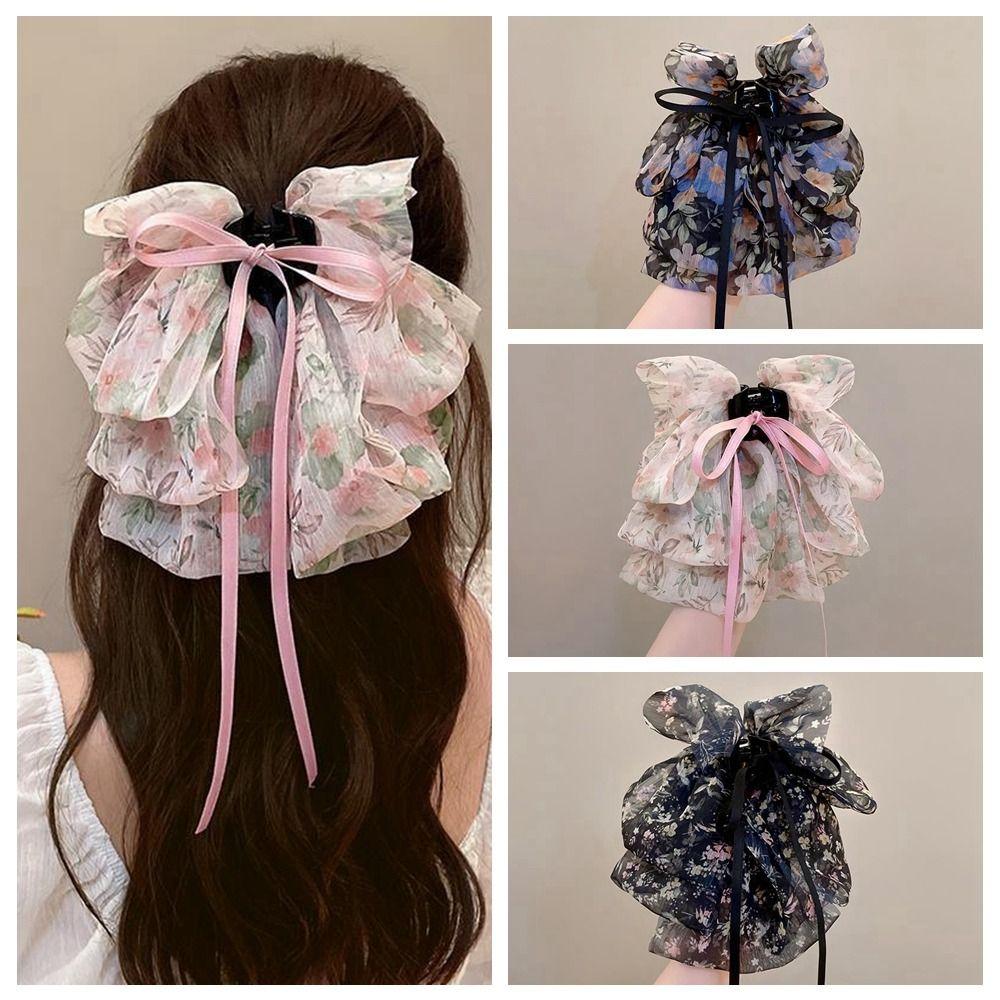 Korean Style Bow Ribbon Hair Claw Headwear Bowknot Hairpin Chiffon Flower Hair Clip Girls