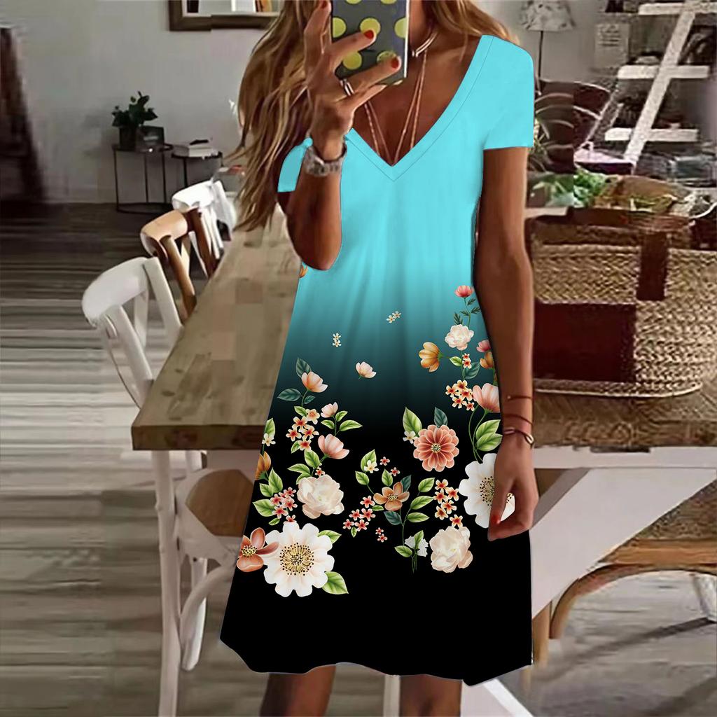 Summer Fashion Women's V Neck Short Sleeve Blue Pear Blossom Printed Dress Sex Dress