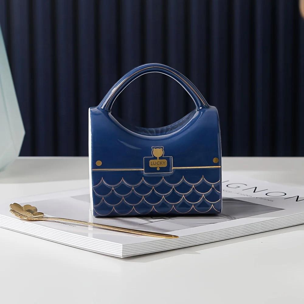 Кружка в форме сумки с ложкой Дизайн сумочки Керамические кружки Офисная домашняя кофейная чашка Десертная чашка для послеобеденного чая Посуда для напитков Изысканные подарки