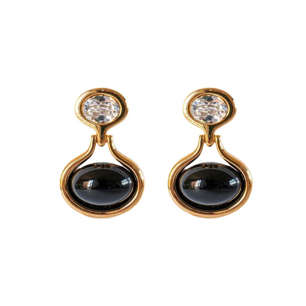 Модные Женские Серьги-Гвоздики из Металла с Покрытием 18K Настоящим Золотом, Инкрустированные Черным Агатом и Бриллиантами, Ретро Персонализированные Серьги