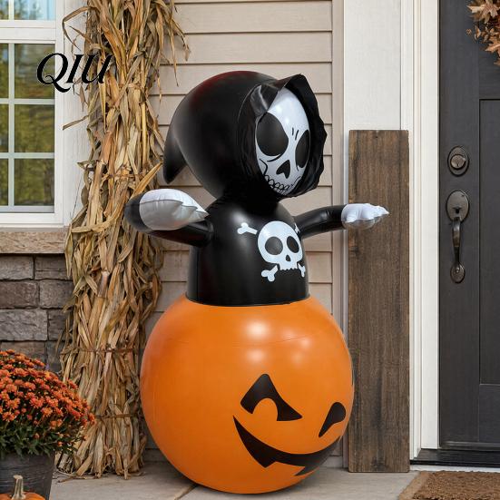 Wind Resistant Inflatable Grim Reaper Halloween Decoration, Large Spooky Blow Up Decoration with Pumpkin for Yard, Lawn, Porch, Haunted House,