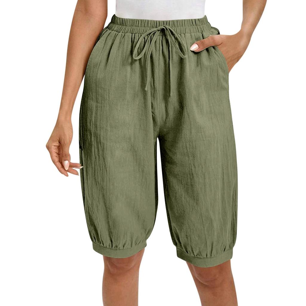 Женские модные однотонные повседневные брюки с завязками на талии и карманами длиной пять четвертей