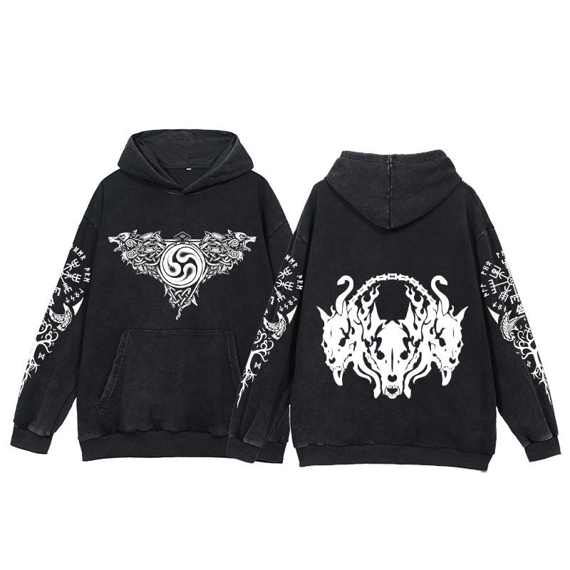 2024 Viking Hoodies Men Tattoo Print Acid Wash Hoodie Cotton Loose Long Sleeve Pullover Vintage Oversized Casual Hooded Sweatshi