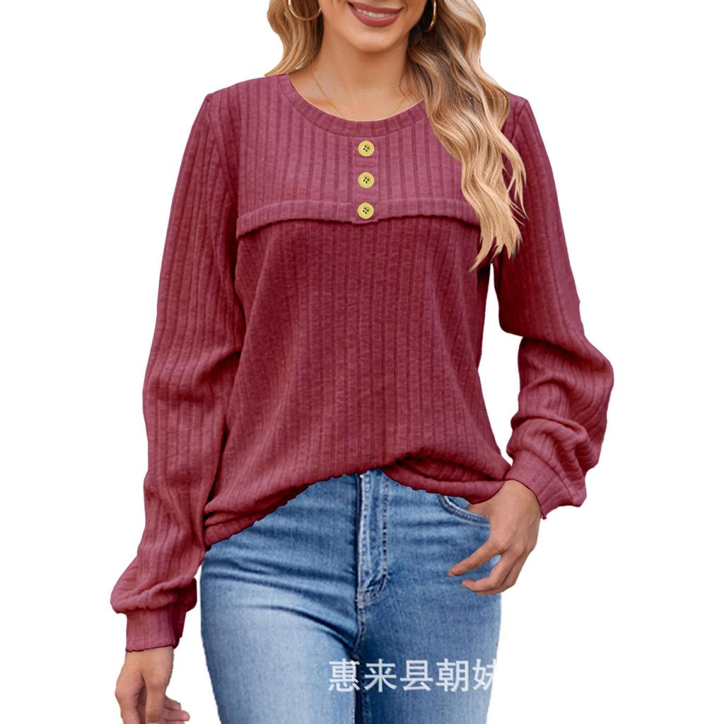 GMXIA Autumn and Winter Frosted Pit Stripe Button Long-sleeved T-shirt Casual Knitted Women's Top Sweaters