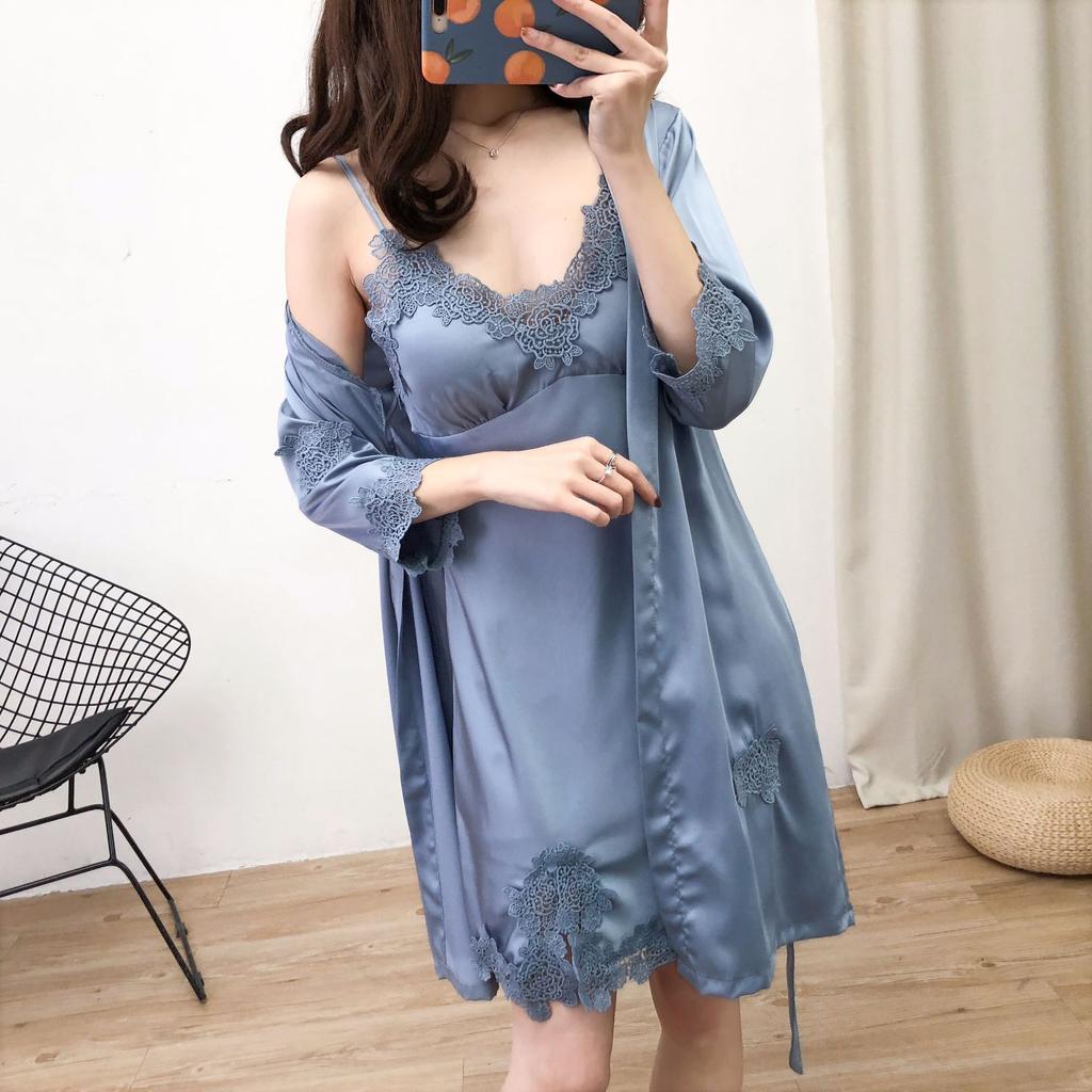 Sexy Female Nighty Robe Set Intimate Lingerie Spring Summer Kimono Bathrobe Gown Sleepwear Two Piece Set Loose Satin Home Dress