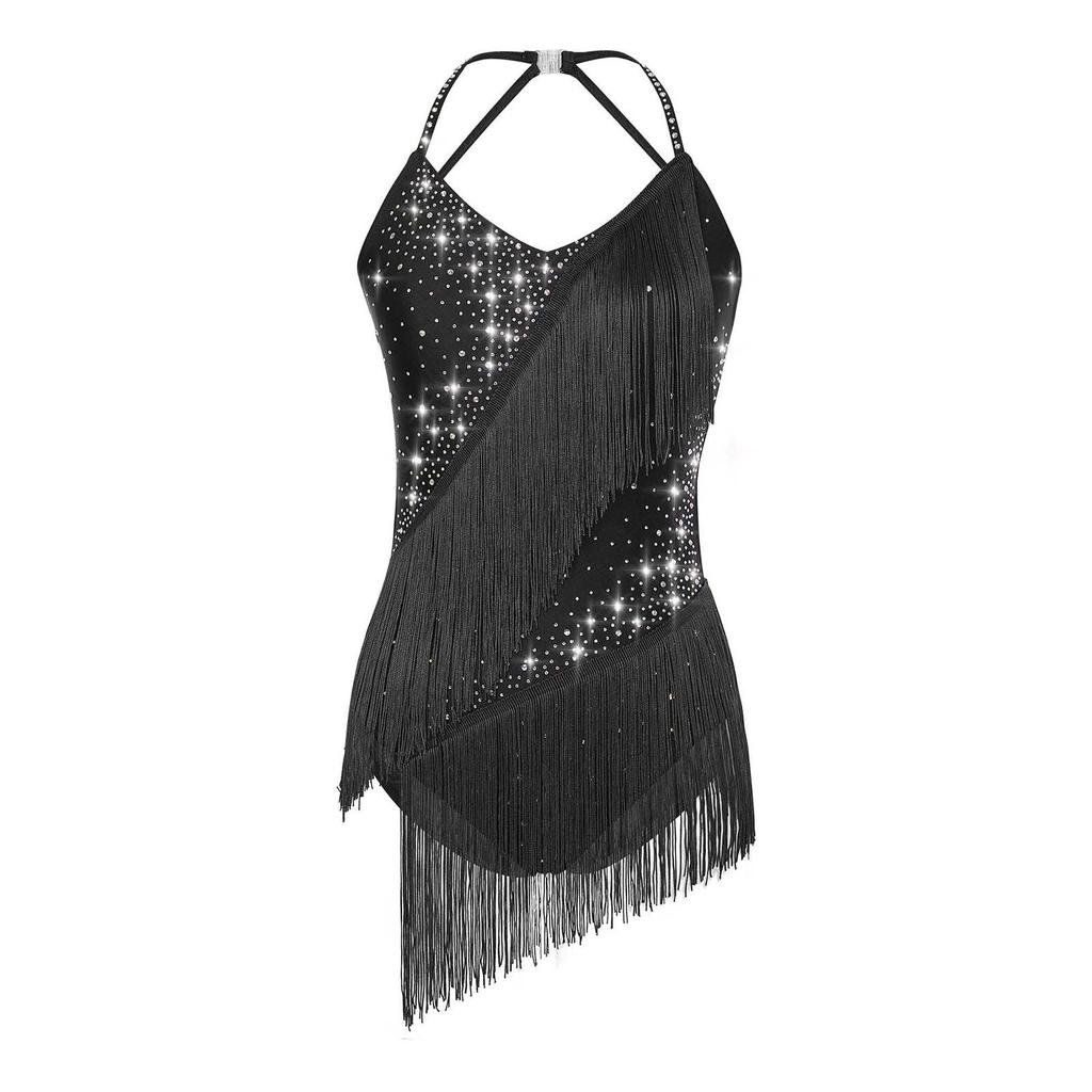 Womens Latin Dance Leotard Sleeveless Halter Neck Rhinestone Tassels Backless Competition Costume