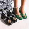 Foreign Trade ZA Women's Shoes 2025 Spring New Square Head Shallow Mouth Bag Head Metal Round Buckle Mixed with Dew Heel Thick Heel Sandals