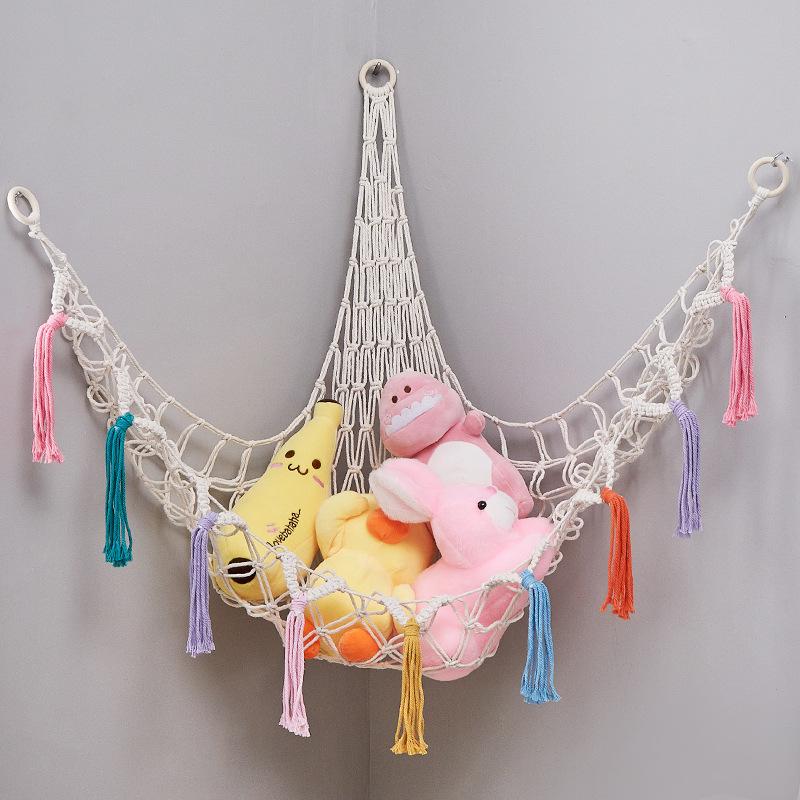 Triangular Toy Hammock Handwoven Cotton Rope Wall Storage for Stuffed Animals Plush Toys and Decor Macrame Toy Net With Fringe