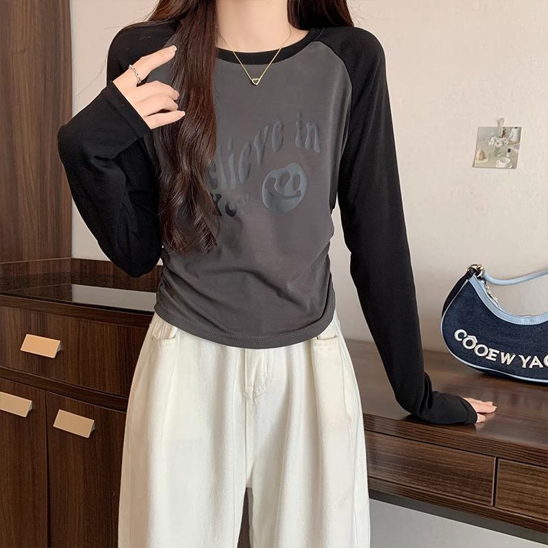 Футболка женская с короткими рукавами и круглым вырезом, с рукавами реглан, с принтом букв, с плиссировкой на талии, с короткими рукавами, верхняя часть рубашки на осень