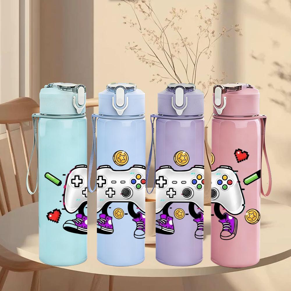 1PC Color Game Controller Heart Decor Graphic,750ml Color Plastic Sports Water Bottle,Leakproof Flip Straw Lid,Suitable for Sports Office Home Use