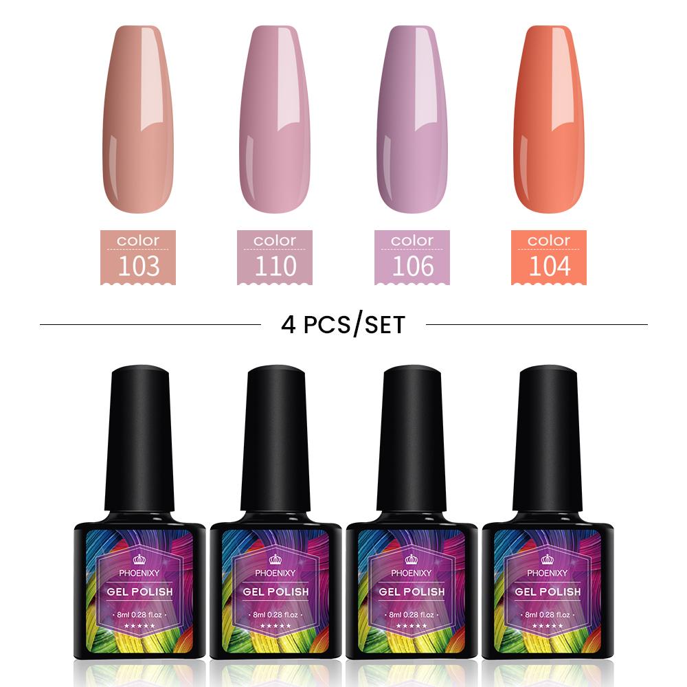 PHOENIXY: великолепные ногти с набором 4-цветного гель-лака — в него входит чистый лак, увлажняющий УФ-гель, светодиодный маникюр, дизайн ногтей и лак с блестками.