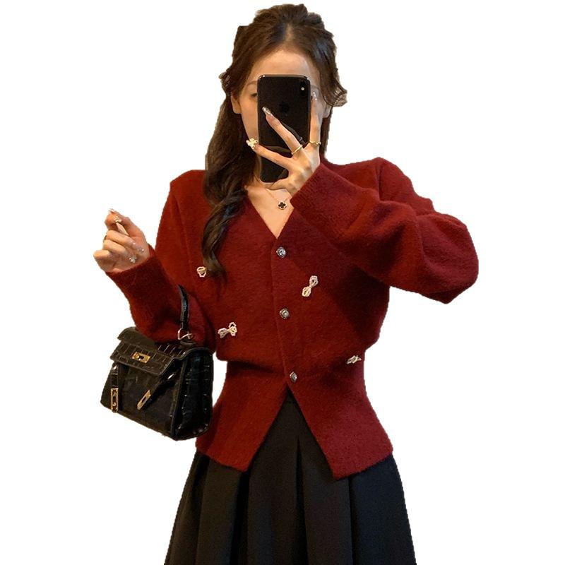 Women's Soft Pearl Knit V-Neck Cardigan: New Year Red with Waist-Cinching Bow