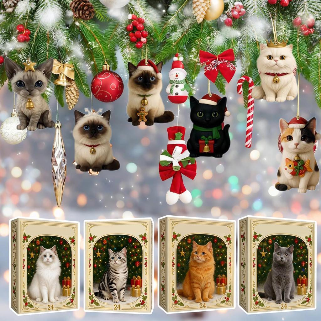 Advent Cat Calendar 2026 Christmas Advent 24-Day Cute 2d Cat Pendant Decorative Charm Countdown Calendar for Pet Lovers