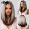 Synthetic Bob Hair Wig with Bangs Ombre Platinum Blonde Cosplay Wigs for Women Short Heat Resistant Female Daily Lolita Wavy Wig