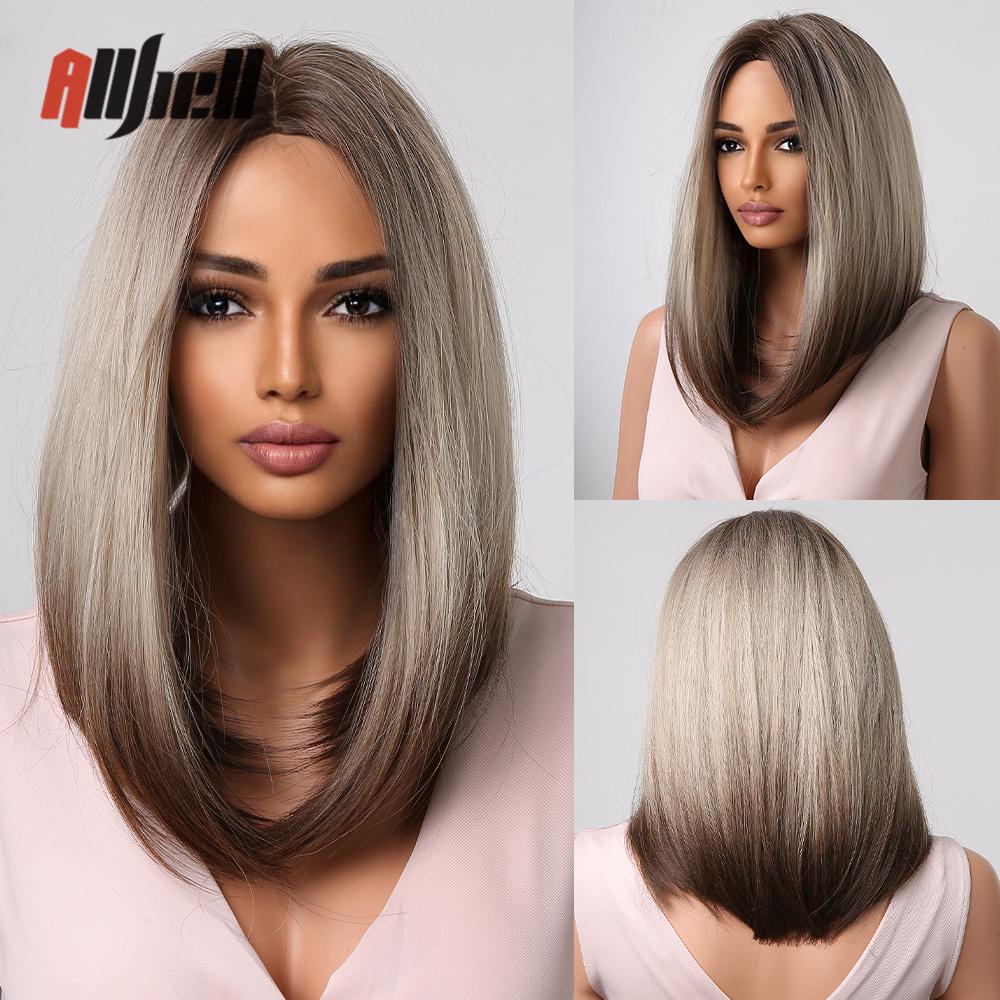 Synthetic Bob Hair Wig with Bangs Ombre Platinum Blonde Cosplay Wigs for Women Short Heat Resistant Female Daily Lolita Wavy Wig