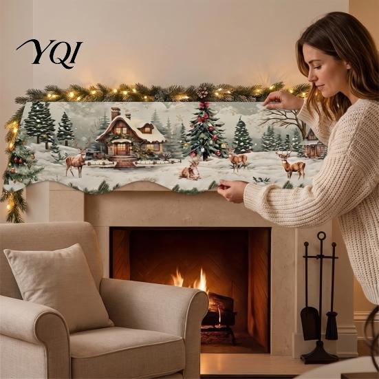 Religious Christmas Decoration Fireplace Mantel Scarf, Decorative Runner Cover, Snowman Santa Claus Snowy Sideboard Village Scene Covering Guard
