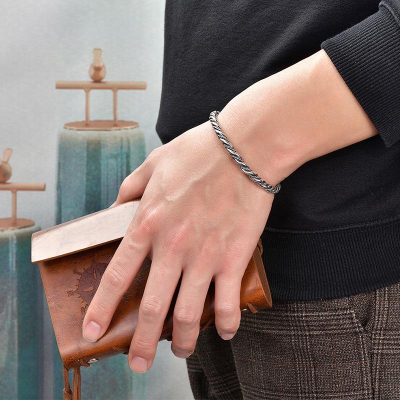 Thai Handmade Pure Silver Bracelet Women's Art Retro Hammer Pattern Pulling Round Bracelet Solid S999 Solid Silver Jewelry