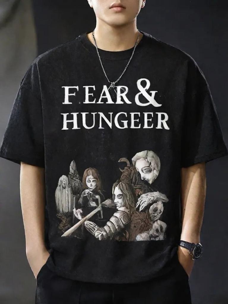 The fear and Hunger Impression Skull and Bone Vintage Cotton Shirt Washes Unisex and Women Allseason Casual Wear