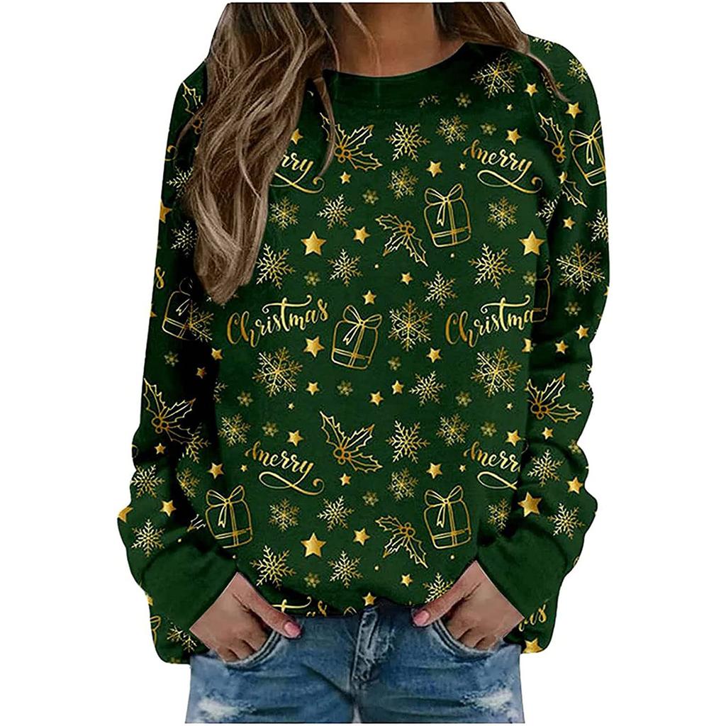 Модные женские рождественские принты для вечеринок с круглым вырезом и длинными рукавами, топы с головкой