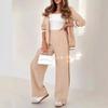 Women's Light Khaki Casual Suit Set with Stripe Cuff Detail, Loose Fit Trousers, White Top