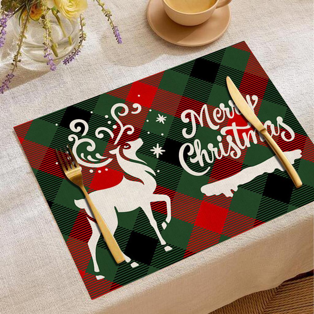 Christmas Xmas Snowflake Table Mat Red Green Plaid Holly Wreath Festive Placemat for Holiday Table Christmas Dinner Party Decor