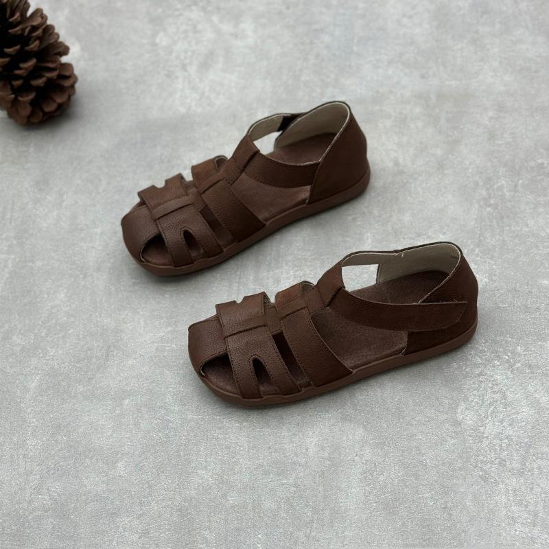 Johnature Сандалии на плоской подошве из натуральной кожи. Однотонная женская обувь ручной работы из тканой воловьей кожи в стиле ретро на мягкой подошве.