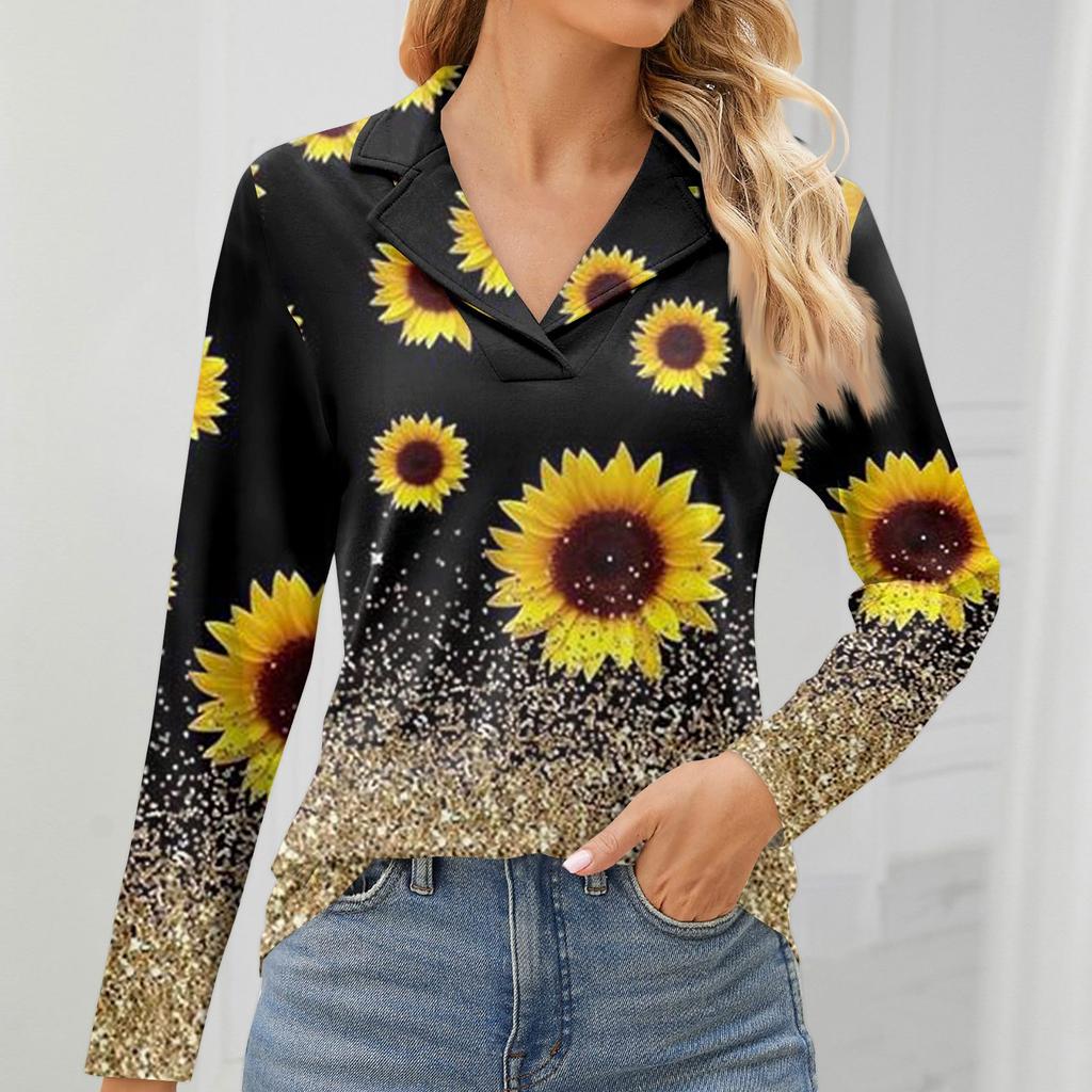 Женская мода для отдыха с длинным рукавом и V-образным вырезом с цветочным принтом