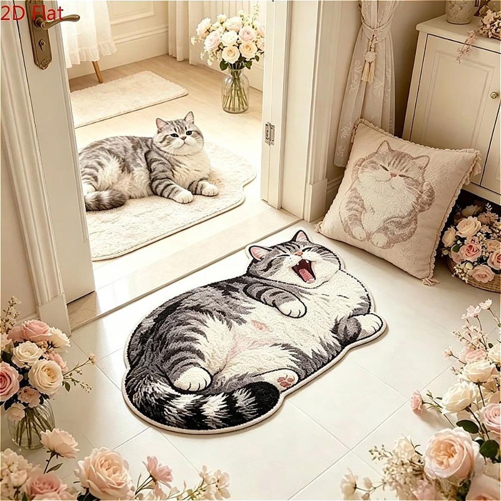 2D Cat-Shaped Area Rug Non-Slip Cartoon Carpet Cute Home Decor Carpet Living Rooms