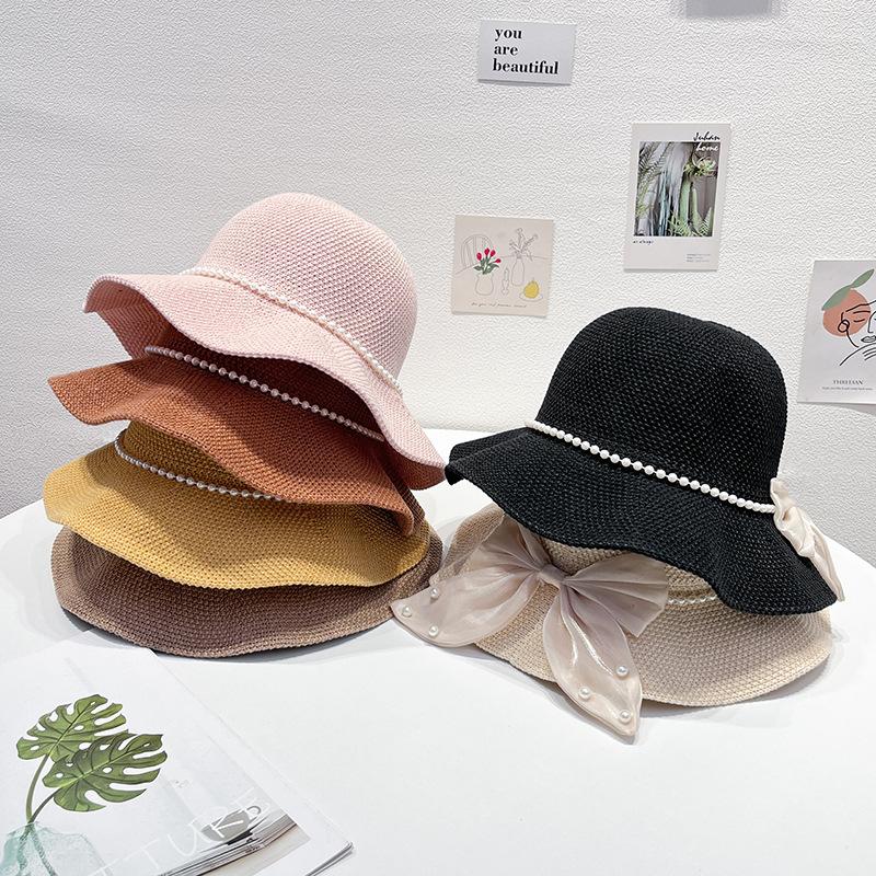 Women's Hat Summer Beach Tourism Vacation Pearl Bow Straw Hat Sunscreen Sun Hat Elegant Sunshade Hat