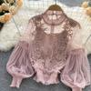 Elegant Floral Mesh Long Sleeve Short Blouse Sweet Women Lantern Sleeve Lace Shirts Ladies See Through Mesh Blouse Tops