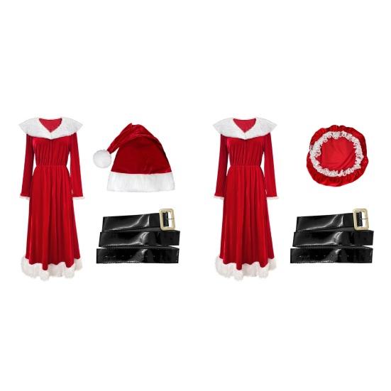 Mrs. Claus Costume Christmas Red Velvet Dress for Women Long Sleeve V Neck Cosplay Outfit with Santa Hat And Belt