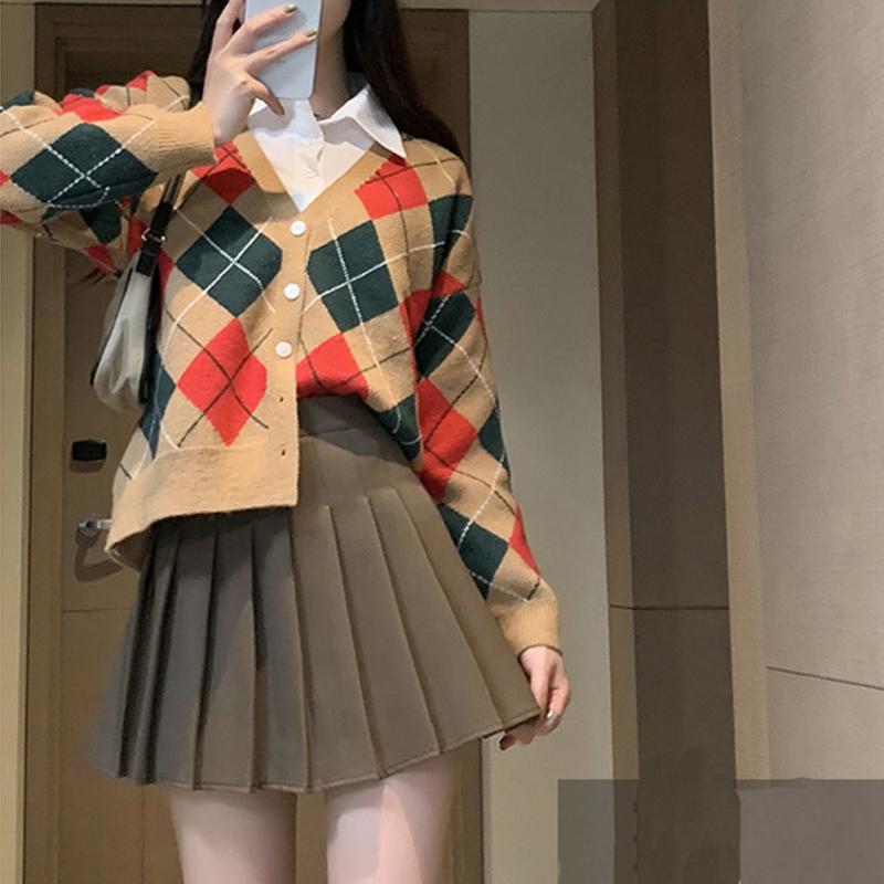 Осенне-зимняя женская плиссированная юбка, белая короткая юбка, тонкая клетчатая юбка трапециевидной формы в японскую клетку с высокой талией