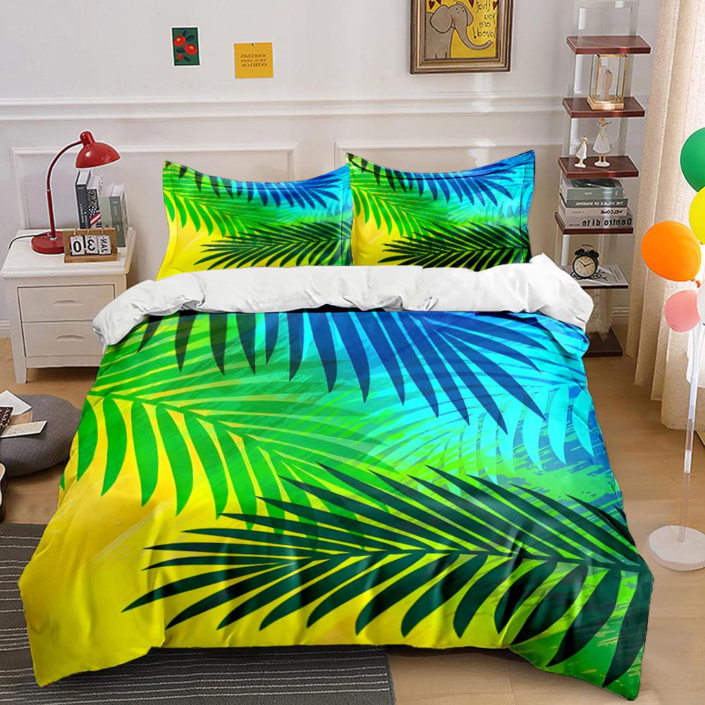 Sunset Palm Leaves Bedding Set, Gradient Blue and Green Tropical Palm Fronds Print Duvet Cover + 2 Pillowcases, Moody Decor