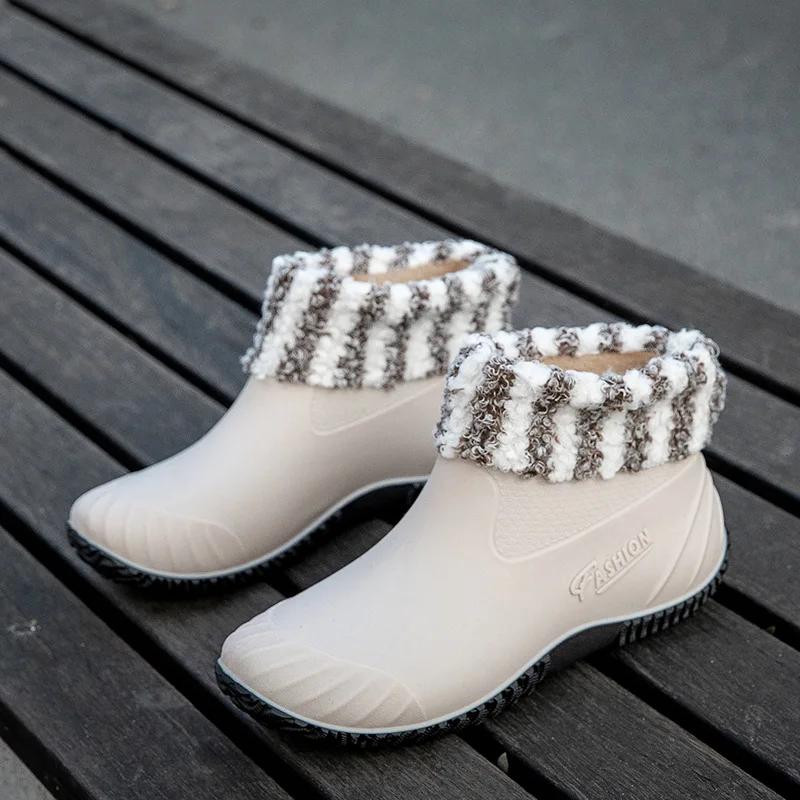 Ботильоны для женщин, новые водонепроницаемые низкие дождевые туфли, женские нескользящие модные хлопковые дождевые сапоги, женские резиновые туфли