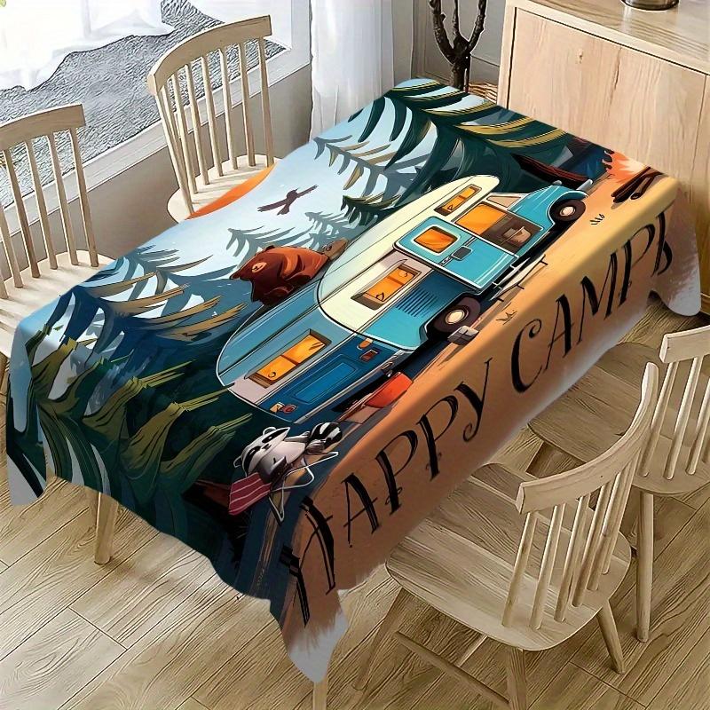 1pc Camping Themed Tablecloth with Pine Tree & RV Pattern - Durable Polyester Rectangular Table Cover for Picnics, Camping Trips
