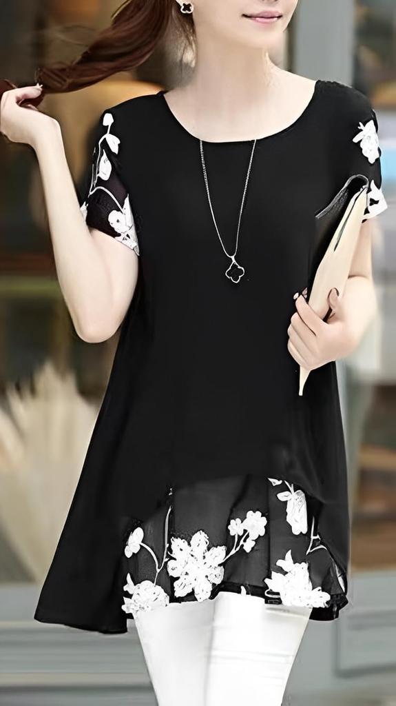 Simple Layered Floral Tunic Layered Short Sleeve Ruffle Top Tiered Cuff Sleeve Chiffon Flounce Ruffle Straight Flower Hanagara Embroidery Russell Lace